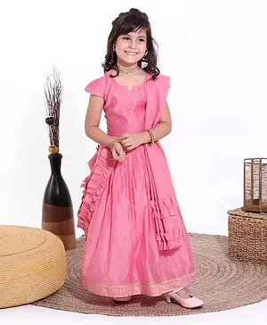 Babyoye Short Sleeves Cotton Blend Choli and Lehenga Set with Ruffled Dupatta Glitter Print - Pink