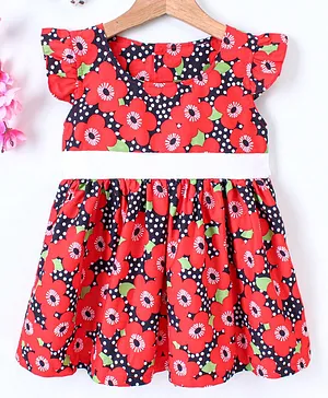 CHICKLETS Flower Printed Cap Sleeves Cotton Dress - Red