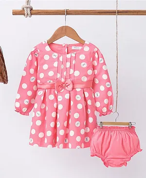 Babyoye Full Sleeves Cotton Frock with Bloomer Dot and Bow Print - Pink