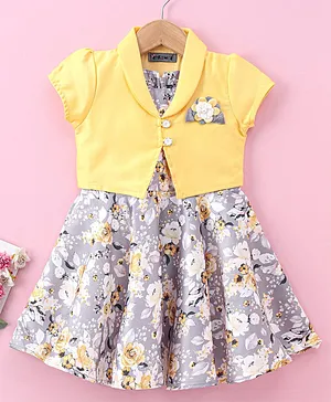 Enfance Flower Printed Dress With Short Sleeves Shrug - Yellow