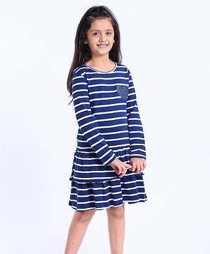 Pine Kids Full Sleeves Bio Washed Frock Heart Badge - Blue