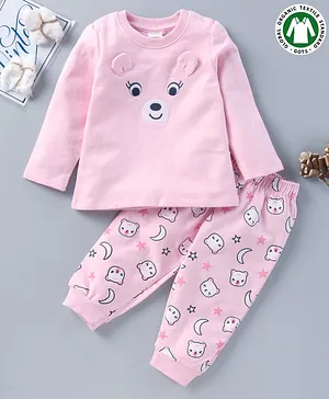 Babyoye Winterwear Night Suit Bear Print with Ear Applique - Baby Pink