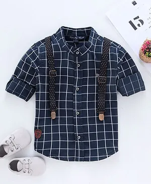 Trendy Cart Full Sleeves Checkered Shirt With Suspenders - Navy Blue
