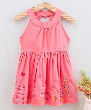 Babyoye Cotton Halter Neck Frock Butterfly Embroidery - Pink