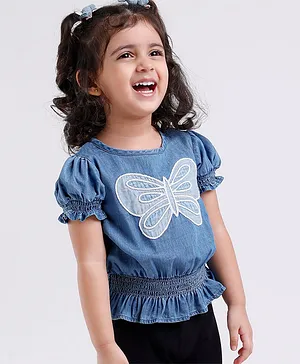 Babyoye Cotton Polyester Puffed Sleeves Top Butterfly Embroidery- Blue