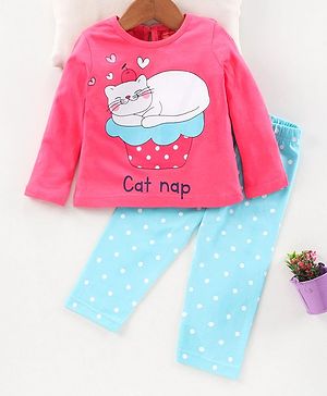 Babyhug Full Sleeves Night Suit Cat Print - Pink