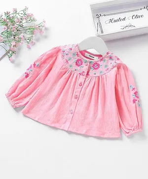 Babyoye Cotton Full Sleeves Top Floral Embroidered - Pink