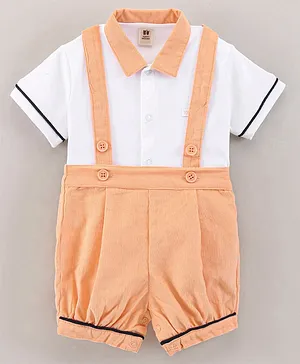 ToffyHouse Half Sleeves Shirt and Shorts with Suspenders - White Orange
