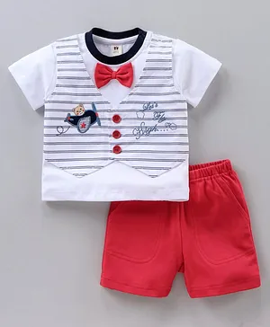 ToffyHouse Half Sleeves Tee & Shorts Set With Attached Waistcoat And Bow - Red