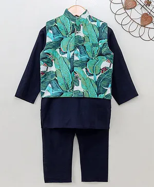 Nitara Couture Full Sleeves Kurta & Pyjama With Jacket Leaves Print - Navy Blue Green