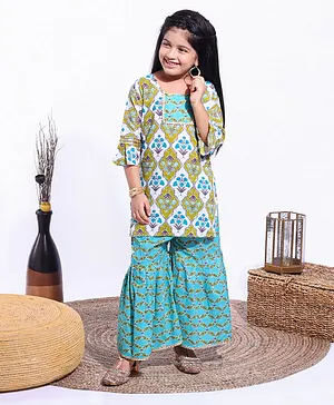 Nitara Couture 3/4th Sleeves Kurta & Sharara Style Salwar with Border Lace Floral Print - Turquoise