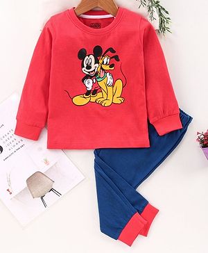 Babyhug Full Sleeves Nightwear Mickey Mouse Print - Red Blue
