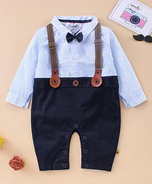 Brats and Dolls Full Sleeves Party Wear Romper with Bow and Suspenders - Blue