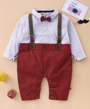 Brats and Dolls Full Sleeves Party Wear Romper with Bow and Suspenders - Maroon