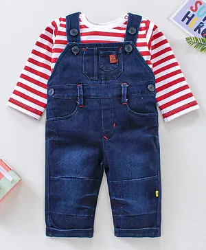Brats and Dolls Denim Dungaree Style Romper With Full Sleeves Tee  Striped Print - Red