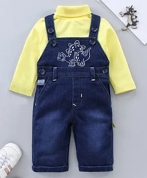 BRATS AND DOLLS Full Sleeves T-Shirt With Denim Dungaree - Gold