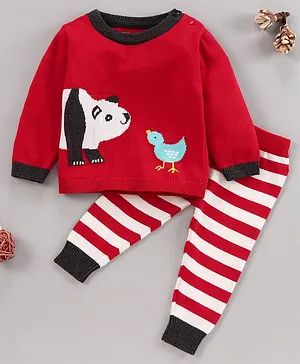 ToffyHouse Full Sleeves Winter Set Panda Print - Red