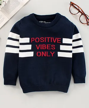 ToffyHouse Full Sleeves Flat knitted Cotton Sweater Text Design - Navy
