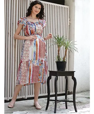 Mine4Nine Abstract Print Half Sleeves Maternity Dress - Muti Color