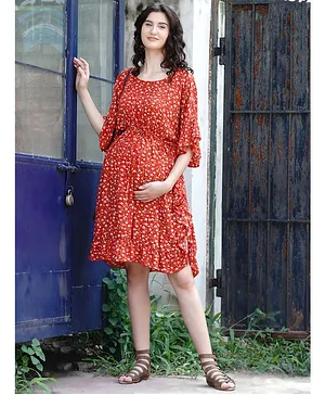 Mine4Nine Floral Printed Half Sleeves Kaftan Mini Dress - Red