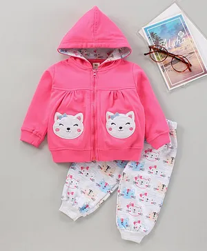 ToffyHouse Full Sleeves Winter Wear Tee & Jacket Set Kitty Print  - Pink