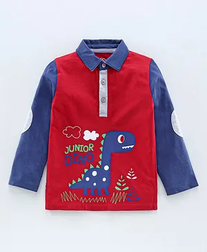 Juscubs  Dino Print Polo Full Sleeves 100% Cotton Tee - Red