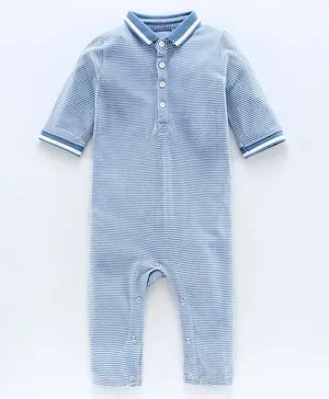Juscubs Full Sleeves Striped Polo Romper - Blue