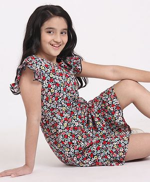 Pine Kids Frill Sleeves Softner Wash Frock Floral Print - Black