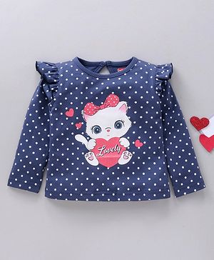Babyhug Cotton Knit Full Sleeves Tee Kitty Print - Navy