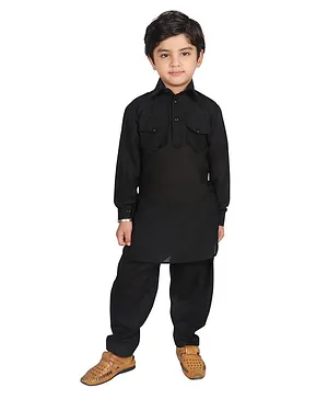 SG YuvraJ Full Sleeves Solid Pathani Kurta With Pajama - Black