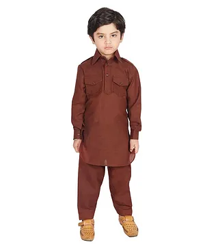 SG YuvraJ Full Sleeves Solid Pathani Kurta With Pajama - Coffee Brown