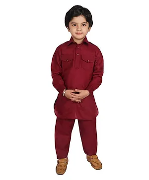 SG YuvraJ Full Sleeves Solid Pathani Kurta With Pajama - Maroon