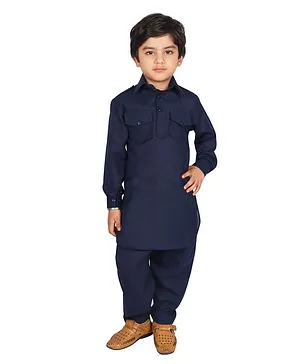 SG YuvraJ Full Sleeves Solid Pathani Kurta With Pajama - Navy Blue