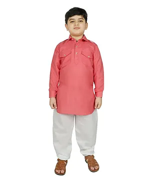 SG YuvraJ Full Sleeves Solid Pathani Kurta With Pajama - Dark Peach