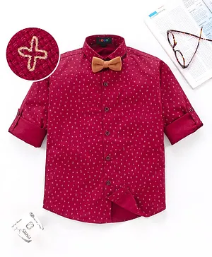 Robo Fry Full Sleeves Party Shirt with Bow Tie All Over Printed - Maroon