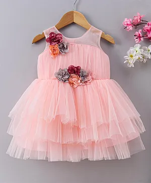 Bluebell Sleeveless Party Wear Frock Floral Applique - Peach