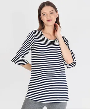 Momsoon Three Fourth Sleeves Striped Maternity Tee - White & Blue