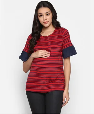 Momsoon Half Sleeves Striped Maternity Tee - Red