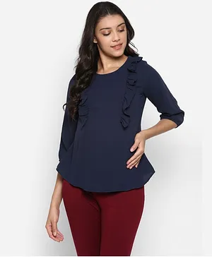 Momsoon Three Fourth Sleeves Solid Colour Maternity Top - Navy Blue
