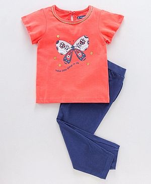 Pine Kids Half Sleeves Bio Wash Top & Legging Set Butterfly Print - Peach Blue