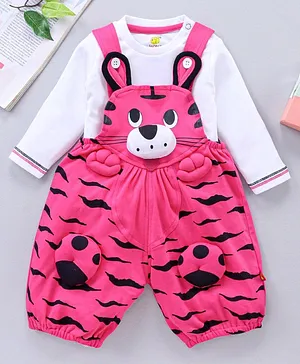 WOW Clothes 3D Tiger Design Dungaree & Full Sleeves Inner T-Shirt - Pink