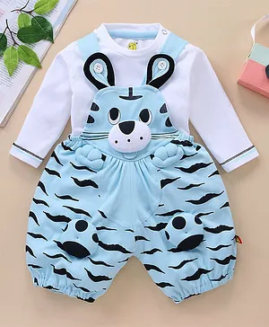 WOW Clothes Dungaree With Full Sleeves Tee Tiger Design - White Light Blue