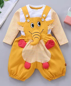 Wow Clothes Full Sleeves Elephant Applique Dungaree With T-Shirt - Yellow