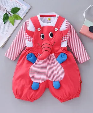 Wow Clothes Full Sleeves Elephant Applique Dungaree With T-Shirt - Cherry