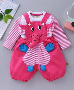 Wow Clothes Full Sleeves Elephant Applique Dungaree With T-Shirt - Dark Pink