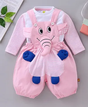 Wow Clothes Full Sleeves Elephant Applique Dungaree With T-Shirt - Pink