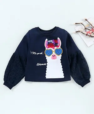 Under Fourteen Only Full Sleeves Lace Detailed Llama Print Top - Navy Blue