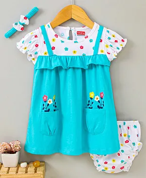 Babyhug Short Sleeves Frock with Bloomer and Headband Floral Print - Blue
