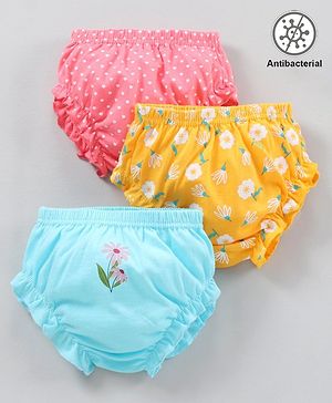 Babyhug 100% Cotton Antibacterial Bloomers Printed Pack of 3 - Blue Yellow Pink