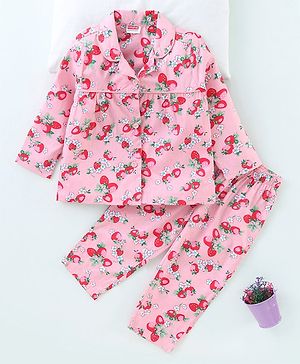 Babyhug Full Sleeves Woven Shirt & Pajama Set Strawberry Print - Pink